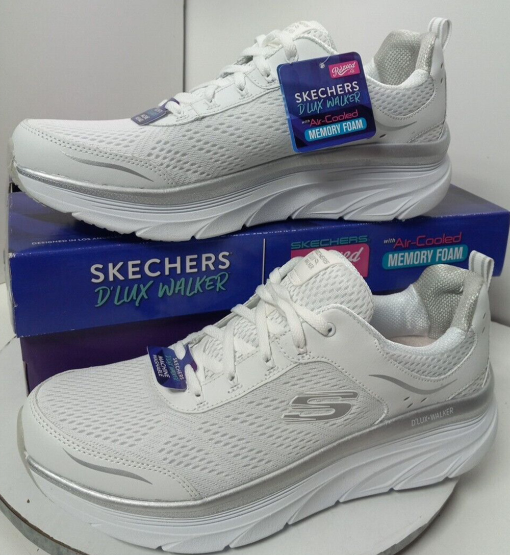 Skechers D'Lux Walker Infinite Motion White Silver Mesh Lace Shoes Womens Sz 11